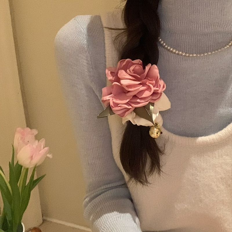 1Pc Fashion Rose Flowers Hair Elastic Band With Bell, Vibrant Floral Pattern, Soft Fabric Headband