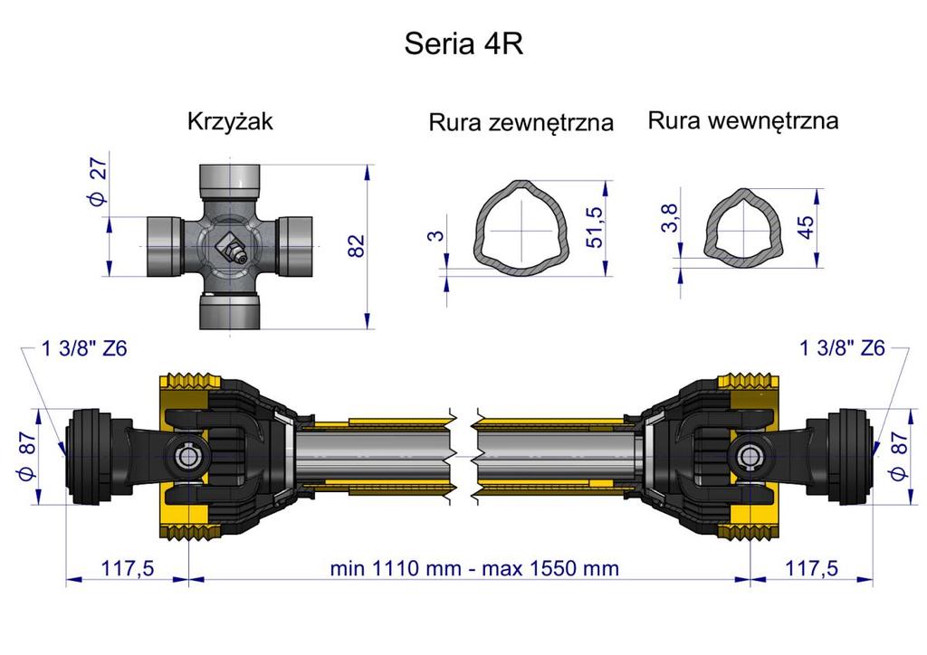 PTO Shaft 1110-1550mm 540Nm CE 2020 Series 4R Waryński