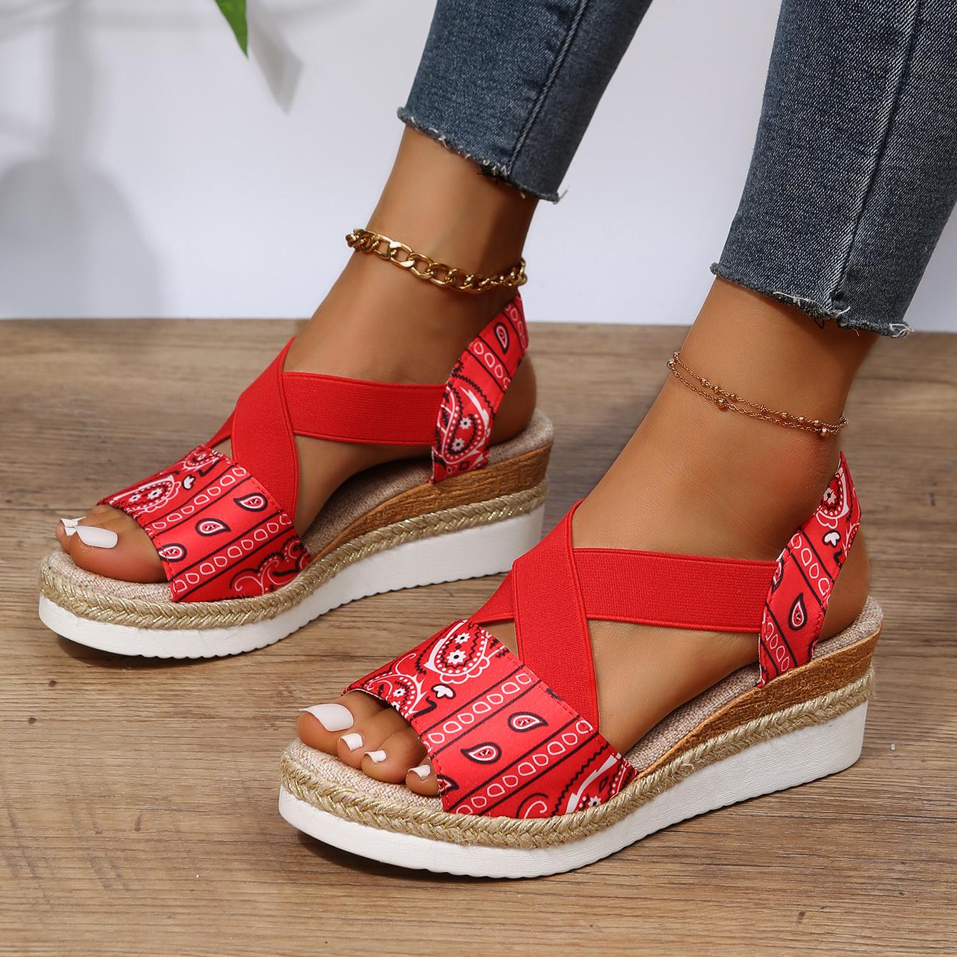 

Летние новые женские туфли большого размера, эластичные босоножки на танкетке с открытым носком, импортные босоножки на платформе 39 красный