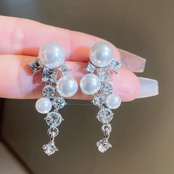 Simple Stylish Simulated Pearl Earrings with Cubic Zirconia Fashionable Women Silver Color Luxury Trendy Jewelry