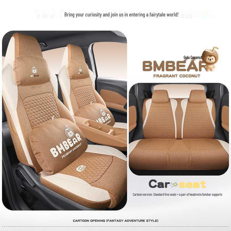 BYD Seagull Cotton & Linen Car Seat Cushions - Full-Coverage, Breathable, Cute Cartoon Design, Perfect for Women, All Seasons.