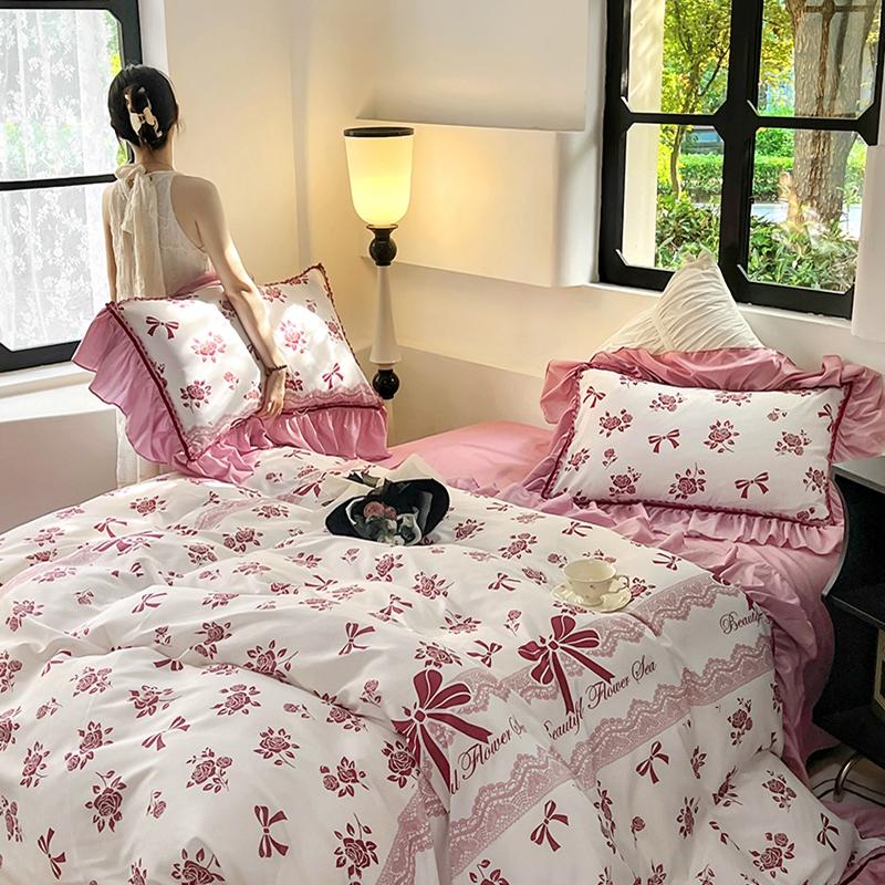 Vintage French Duvet Cover Set, Luxury Black Floral Bedding, Ruffle Design Pillowcases, Girl Woman Bedroom Decor Comforter Cover