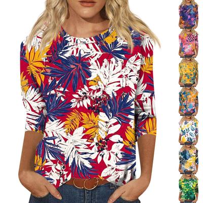 Damemote Uformell rundhals 3/4-ermet løs T-skjorte dametopp