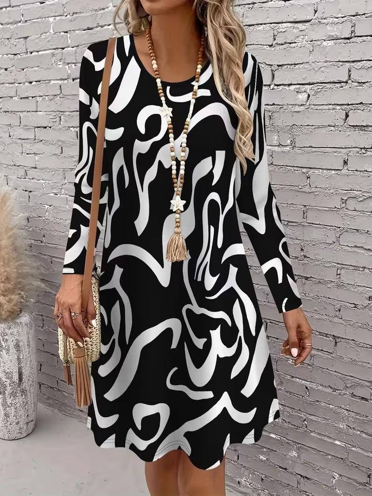 Women's Long Sleeved Round Neck Mini Dress, 3D Retro Geometric Pattern Printed Casual Vacation Style Dress Vestidos De Mujer