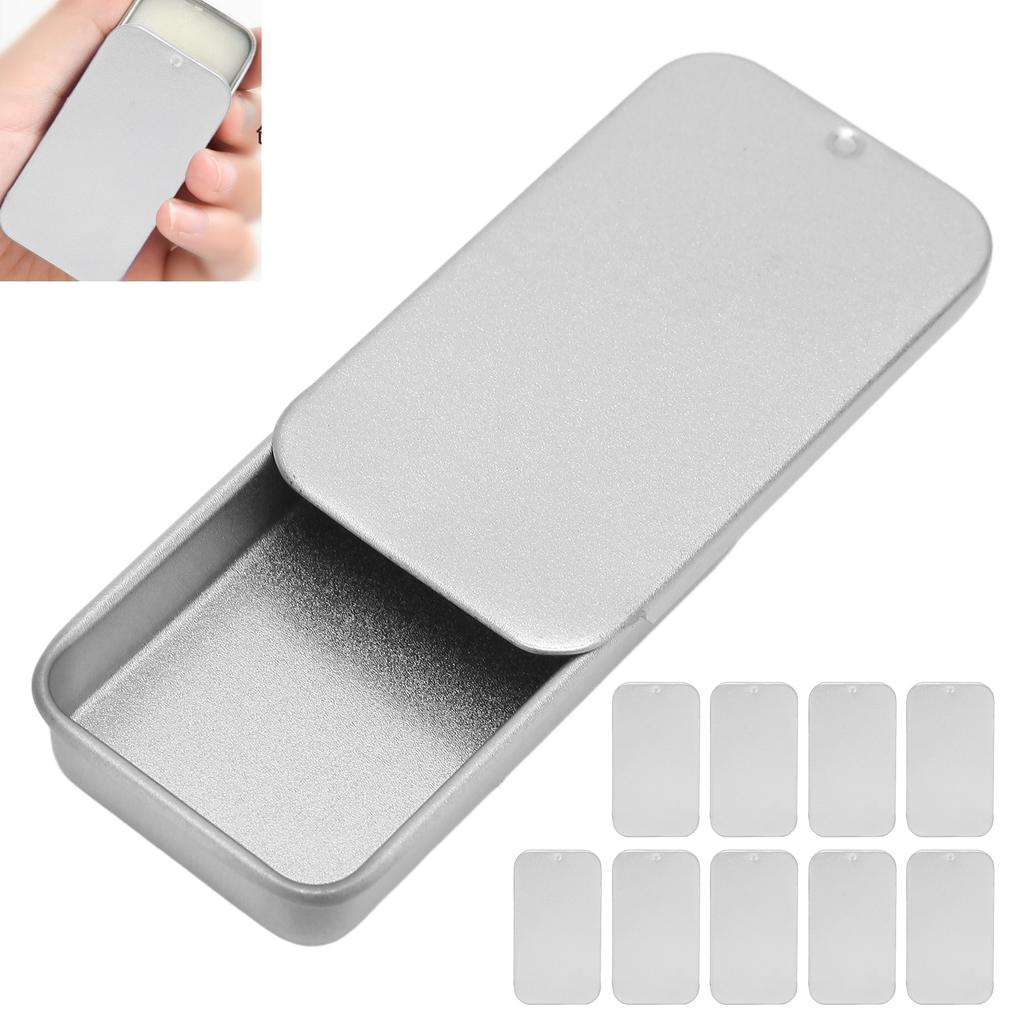 10pcs Empty Slide Top Tin Container Portable Silver Tin Empty Box for Lip Balm Solid Perfume