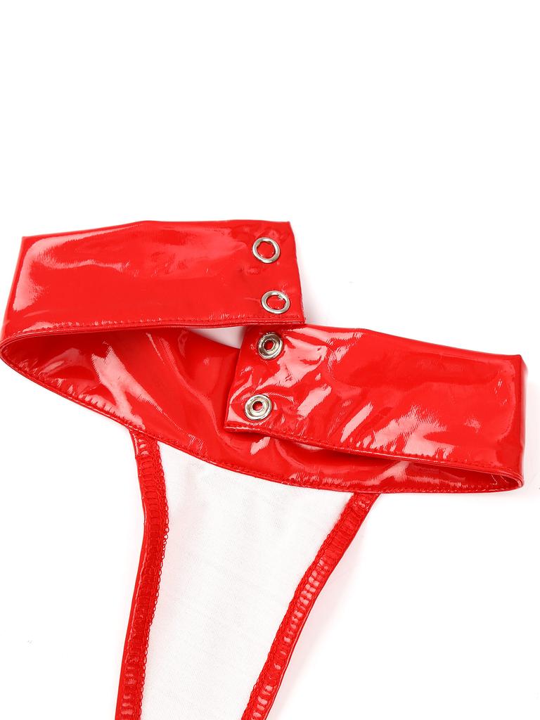 Damen Patentleder Offene Brust Neckholder Body Rückenloses Schrittloser Catsuit Ärmelloses Dessous
