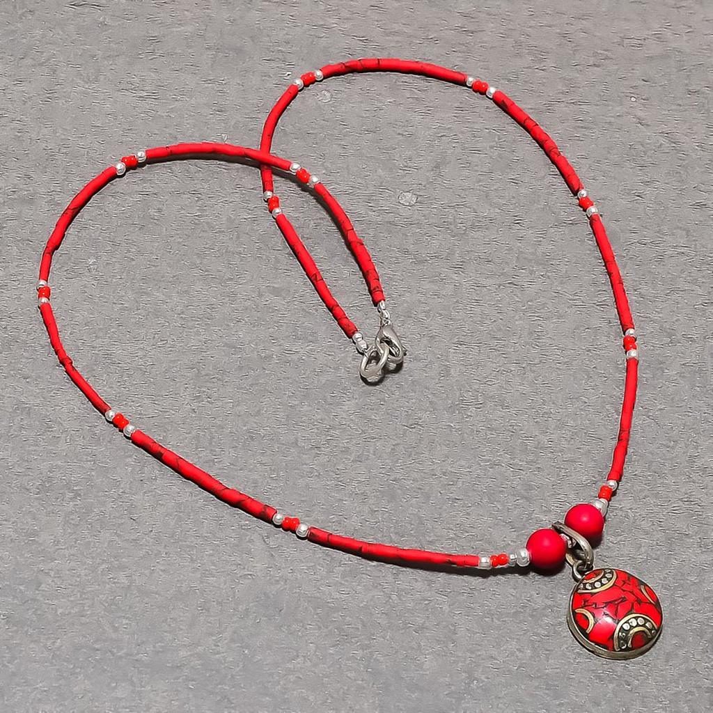Red Coral Bohemian Necklace Cabochon Tibetan Nepali Beaded Jewelry 18" NA 761