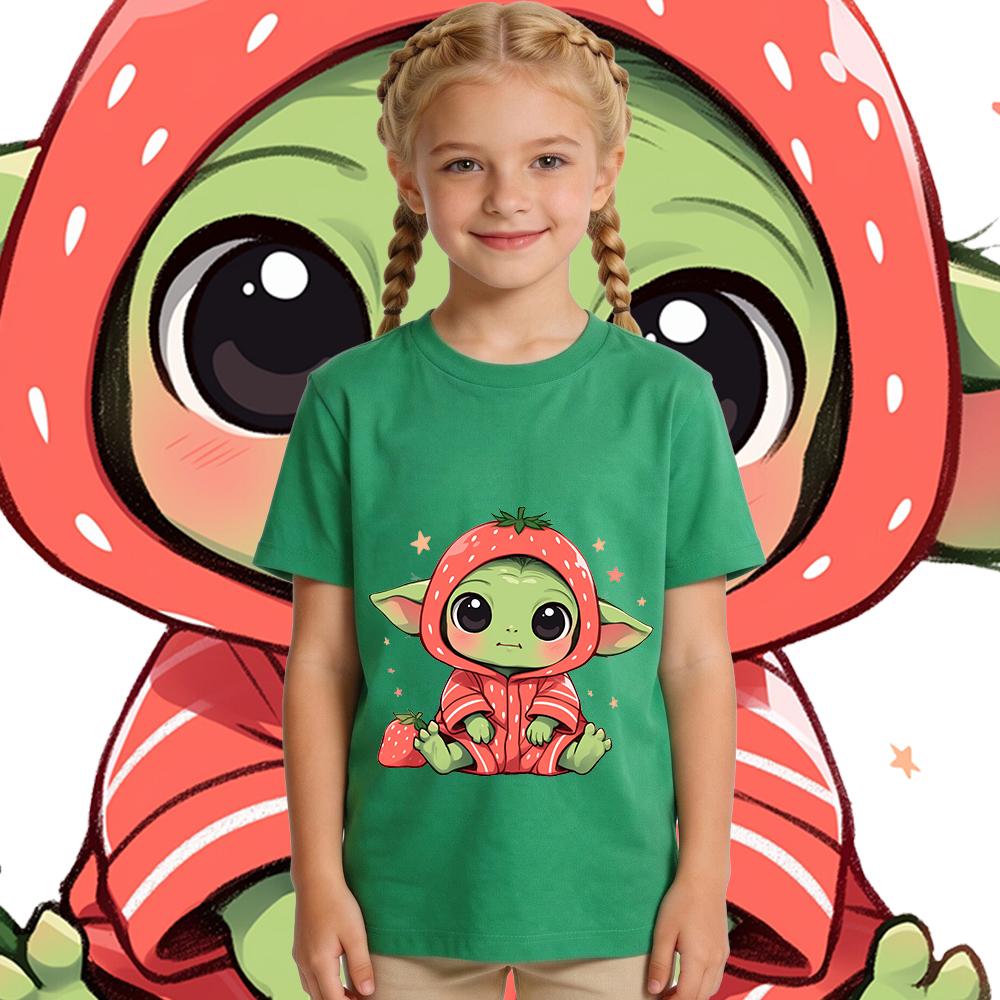 Star Wars Baby Yoda Strawberry Print Girls Cotton T Shirt Casual Summer Top Kids Toddler Clothing Cute