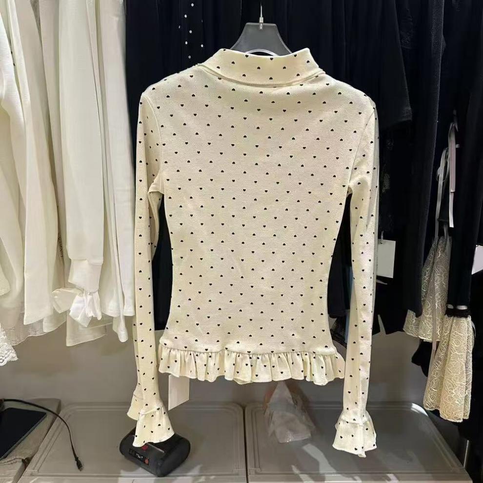 Hong Kong Style Women's Heart Polka Dot Long Sleeve Thermal Fleece T-shirt, Light Apricot Lace Patchwork, Autumn/Winter.