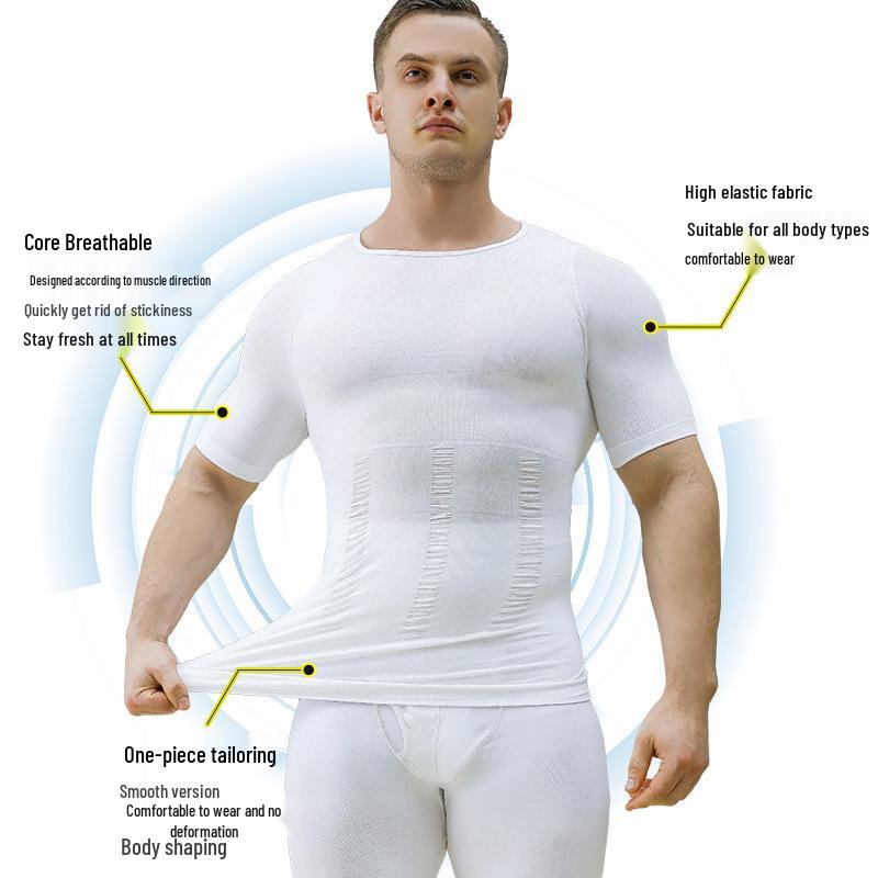 Pánský 140D nylonový tvarující korzet: Stahovací top na břicho, s krátkým rukávem, bezešvý styl 001Y