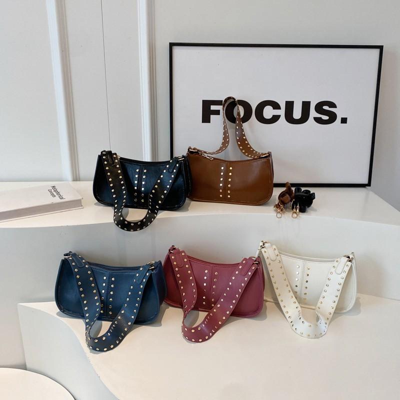 Womens Vintage Rivet Moto Style Shoulder Bag Crossbody With Wide Strap Design