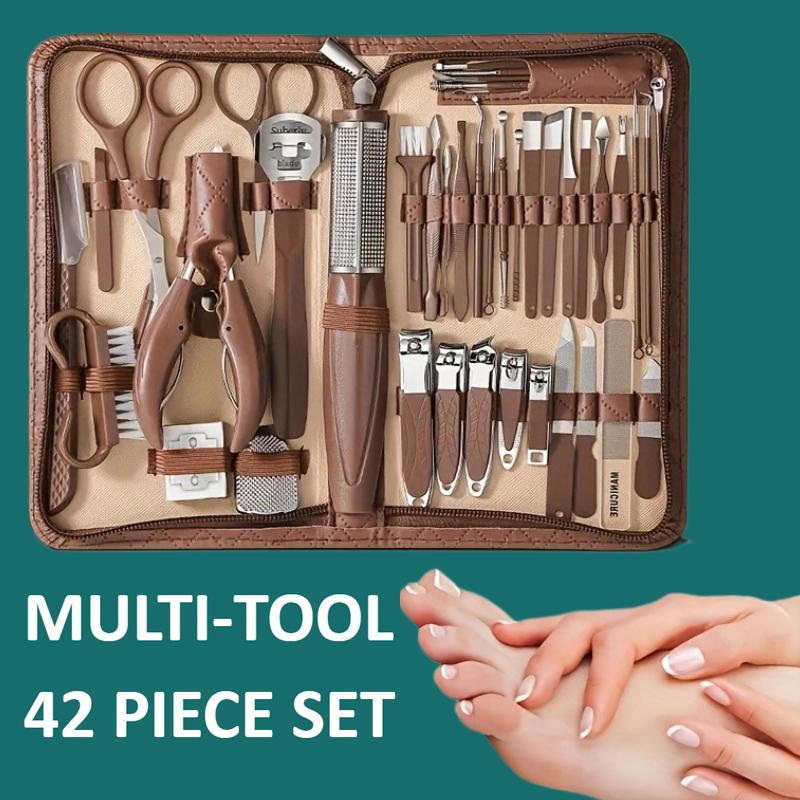 42pcs Pedicure Kit Modern Style Brown 42pcs Stainless Steel Nail Clipper Set, Portable Pedicure and Ear Pick Tools, Home Use Nai