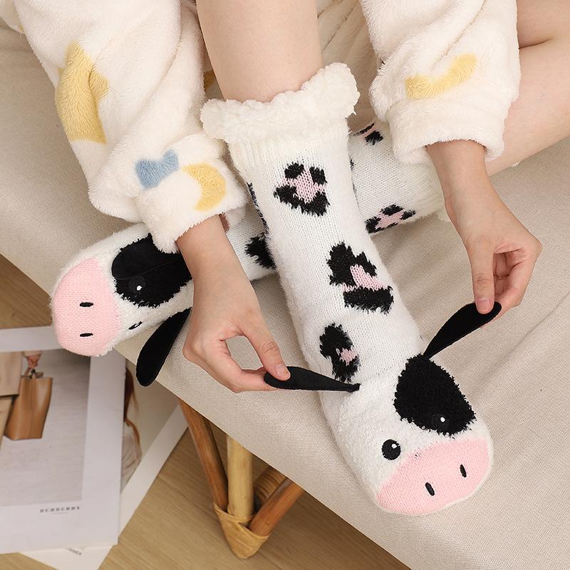 Cartoon Animal Fleece Floor Socks for Adults, Warm Anti Slip Winter Slipper Socks, Indoor Home Snow Socks, Cute Cozy House Socks