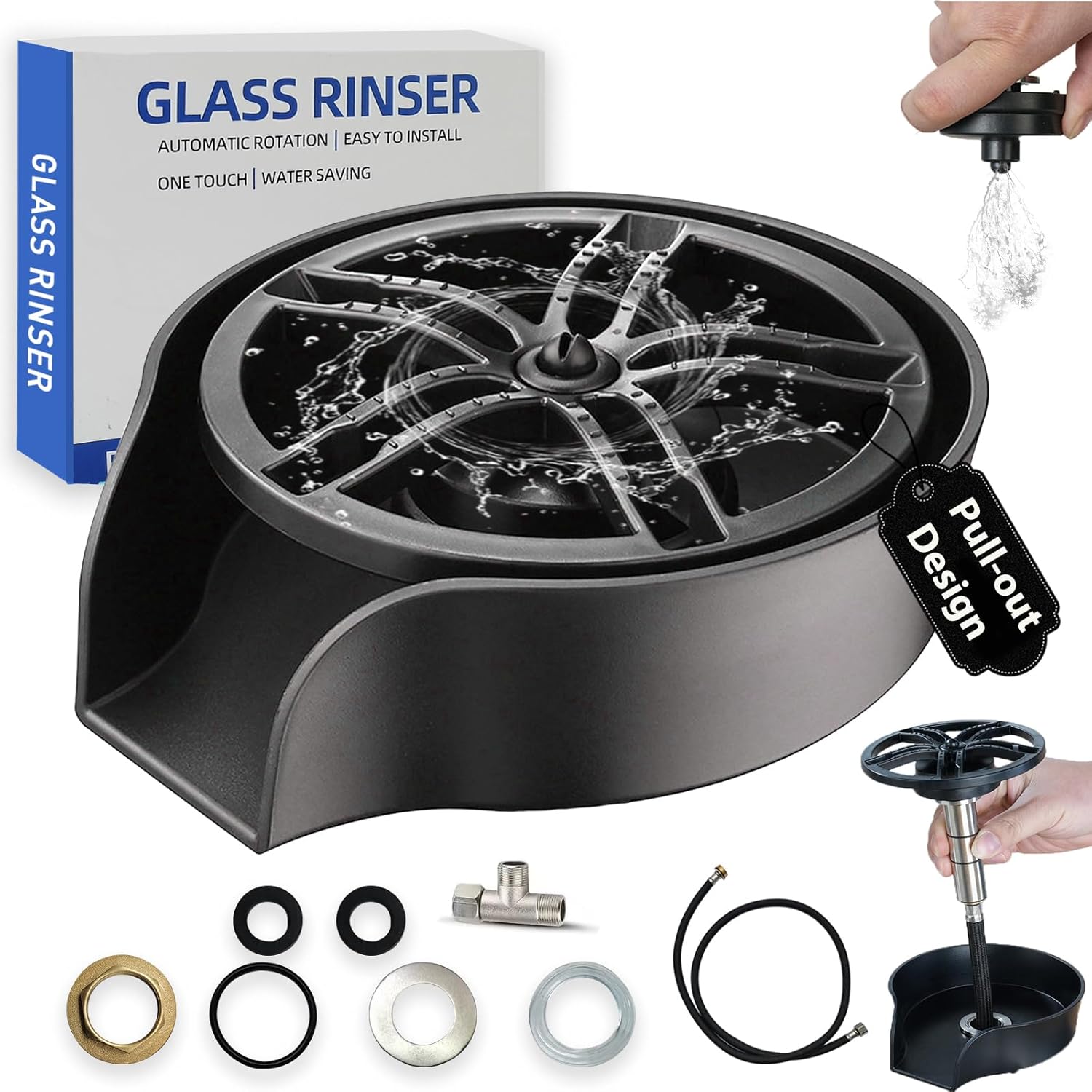 Glass Rinser for Kitchen Sink, High Pressure 360 Degree Rotating Spout Glass Rinser with Pull-Out Spray Gun Design, Glass Cup Cleaner Sink Attachment