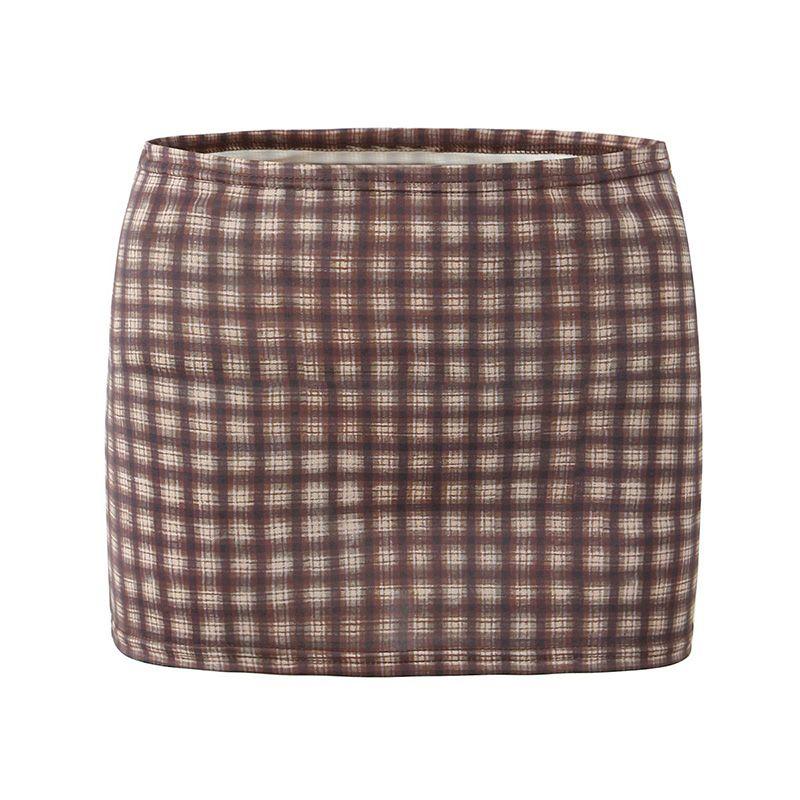 

Miaou American Retro Sweet and Spicy Brown Plaid Lace Lace Camisole + Hip Skirt Silm Suit Cafe overskirt L