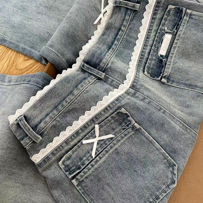American High Street Style Bow Lace Wide-Leg Jeans for Women, New Spring and Autumn High-Waisted Loose Slimming Straight-Leg Floor-Length Pants Blue S