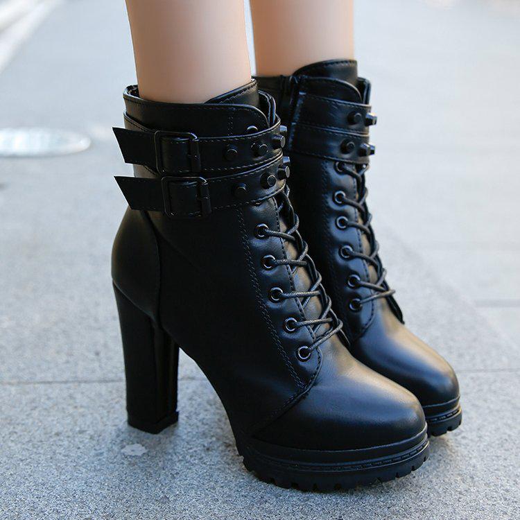 2025 Autumn/Winter New Women's Velvet High Heels Short Boots Thick Heels Round Head Lace Riveted Leather Boots