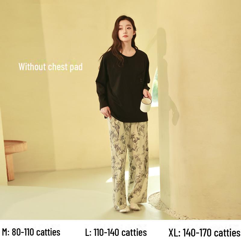 Women's Pure Cotton Long-Sleeve Pajama Set with Chest Pads - Large Size, Spring/Autumn 2025