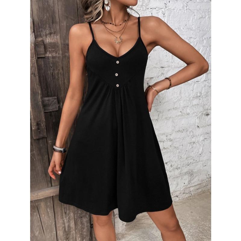 Elegant Casual V-neck Waist Slim Suspender Dress for Women Pure Color A-Line Halter Pleated Party Dress Casual Chic Women's Clothing