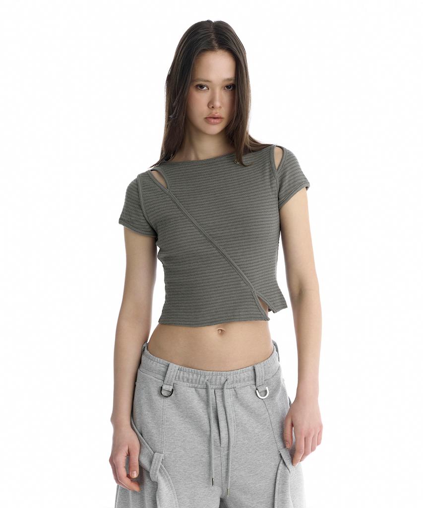 Teulimingbeodeu Slim-Fit Slit Ribbed T-Shirt [ Gray ]