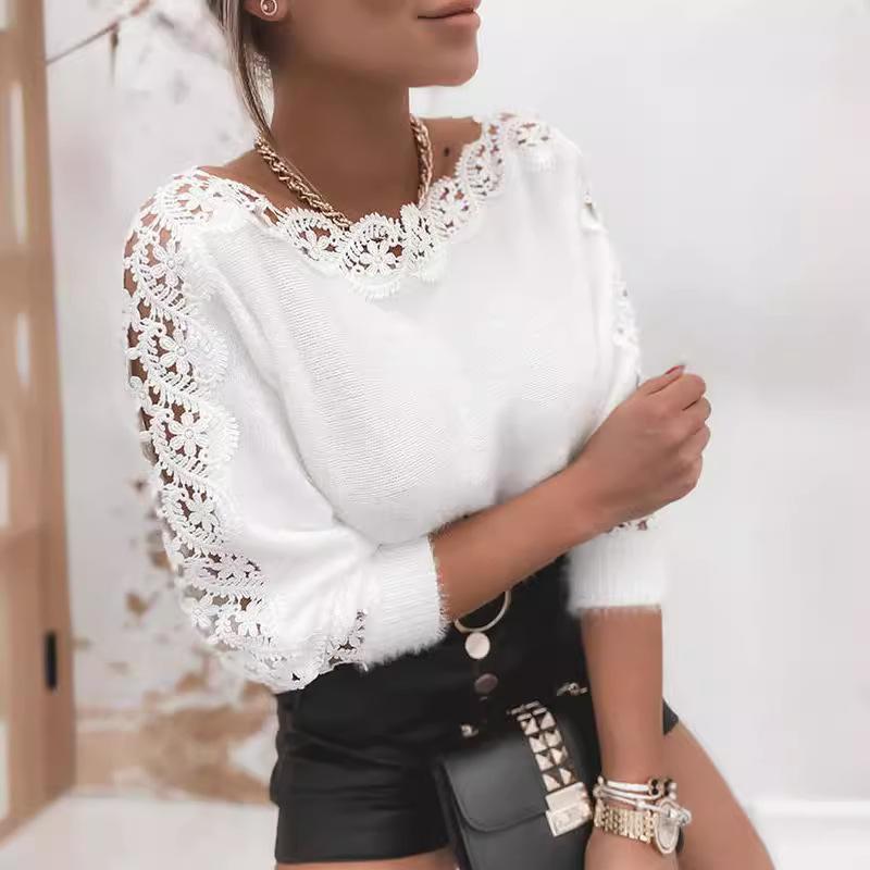 Knitted Sweater Temperament One Collar Lace Patchwork Sleeves Women's Solid Color Knitted Top