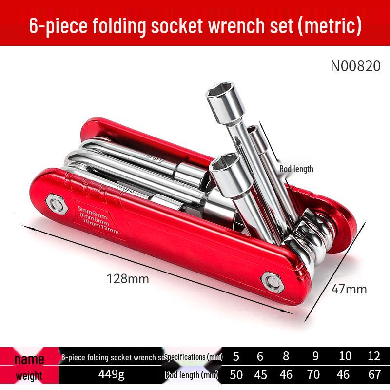 Compact Metric & Imperial Folding Socket Wrench Set - Aluminum Alloy Handle, Hex Tools