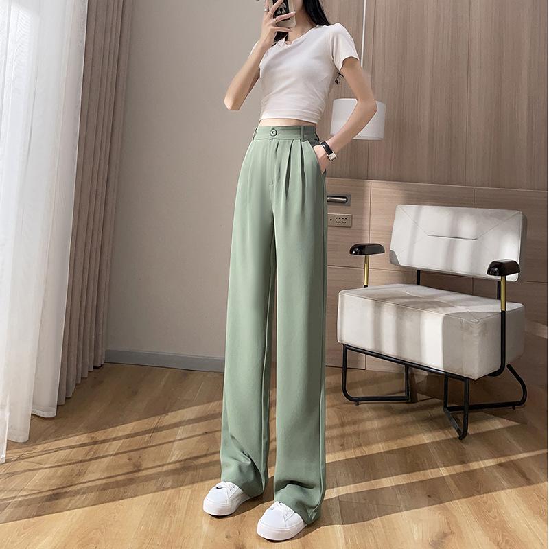 Wąskie drapowane spodnie szyfonowe Spodnie z szerokimi nogawkami dla kobiet Plus size Wysoki stan Jedwab lodowy Proste nogawki Wszechstronne spodnie garniturowe Cienkie letnie