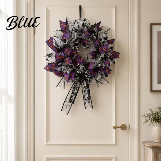 Spooky Halloween Decor Mesh Ribbon Wreath for Front Door Skull Pumpkin with Decoration Bow Purple Black Stripe Decorative Garland Doors Walls