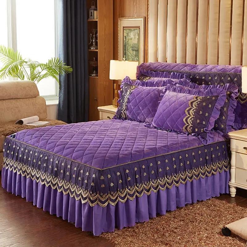 Saia de cama de veludo quente de luxo supermacia, colcha acolchoada de flanela grossa, capa de cama antiderrapante, fronha não incluída, cubre cama