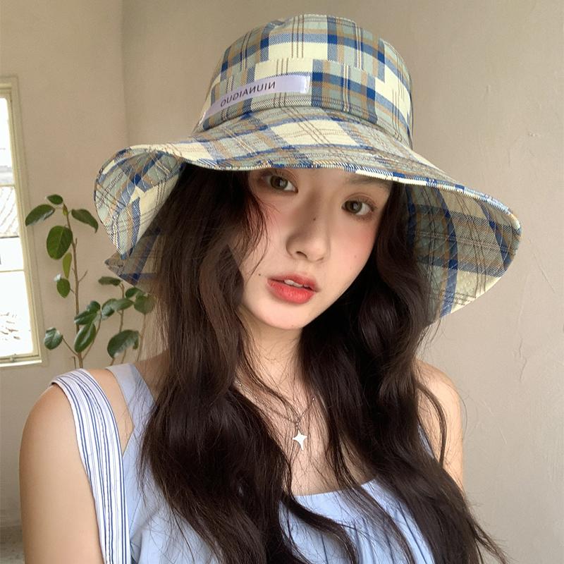 

Клетчатая рыбацкая шляпа детская летняя универсальная с большими полями, подчеркивающая лицо, маленькая солнцезащитная шляпа, солнцезащитная шляпа, тренд adult average size (55-58cm) синий