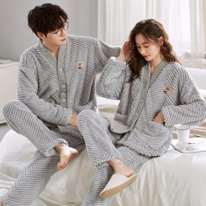 Couple Pajamas Women'S Coral Fleece Winter Thickened Fleece Cardigan Autumn And Winter Flannel Men'S Loungewear Set