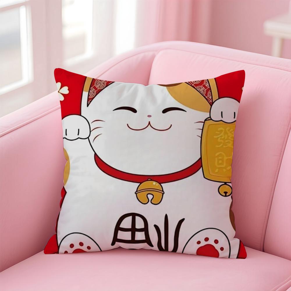 Rich Luck Maneki  neko Cushion Cover Linen Pillowcase Cover Soft Decor for Sofa Home Room