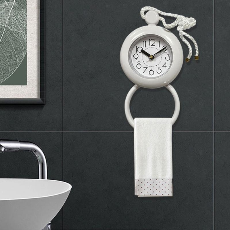 Hanging Bathroom Wall Analog Clock with Round White ABS Case, Low-Noise Mechanism, Waterproof Design, Hanging Cord for Home Use
