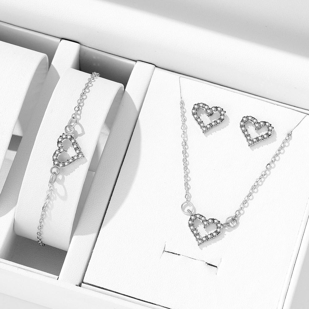 

Золотая медь Двухцветный Женский Модный Персиковое Сердце Усыпанный Бриллиантами Ожерелье-Сердце Серьги Браслет Полый Набор с Цирконом в Форме Сердца