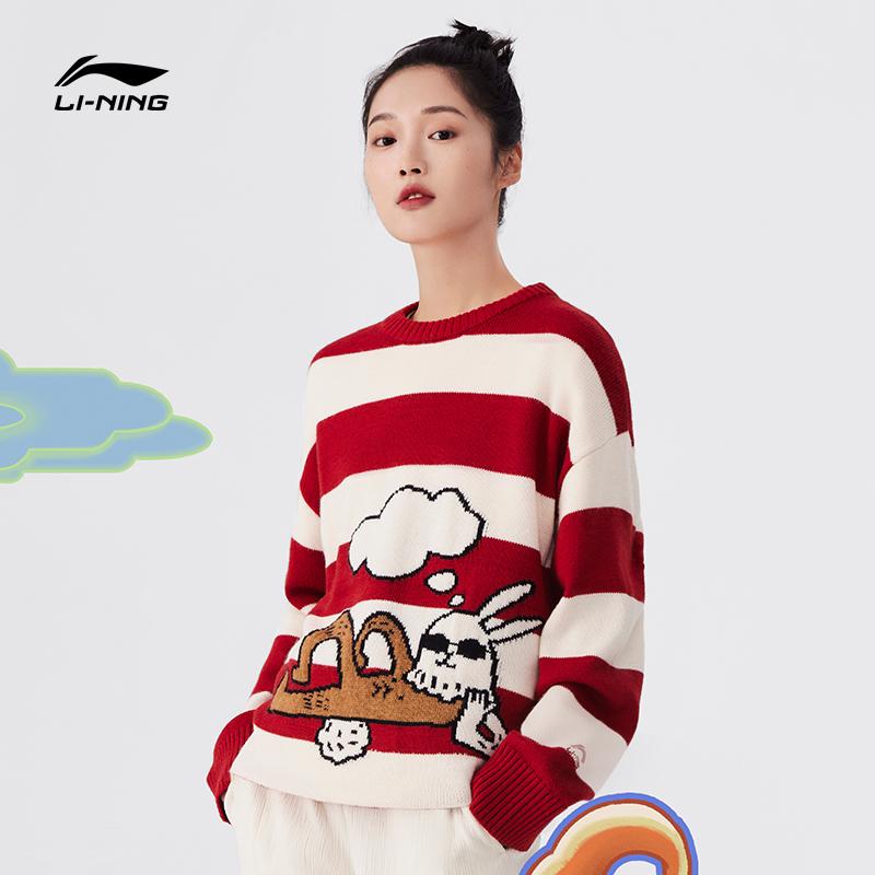 Li-Ning Striped Color-Block Cartoon Rabbit Intarsia Long Sleeve Sweater Unisex Tops Red AMBT009-1