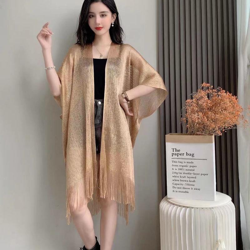 European-Style Gold Silk Split Shawl Women'S Thin Dinner Dress With Decorative Fringe Hollow-Out Sunscreen Scarf