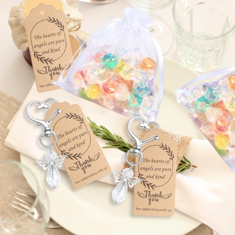 30Pcs Angel Wing Charm Keychain Decorative Key Holder with Drawstring Gauze Bag and Labels for Baby Showers Wedding