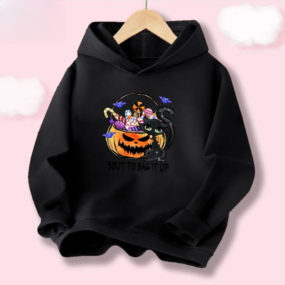 Halloween Kawaii Pumpkin Cartoon Print Children Hooded Sweatshirt Boy Girl Autumn Winter Daily Outdoor Casual Warm Sportswear