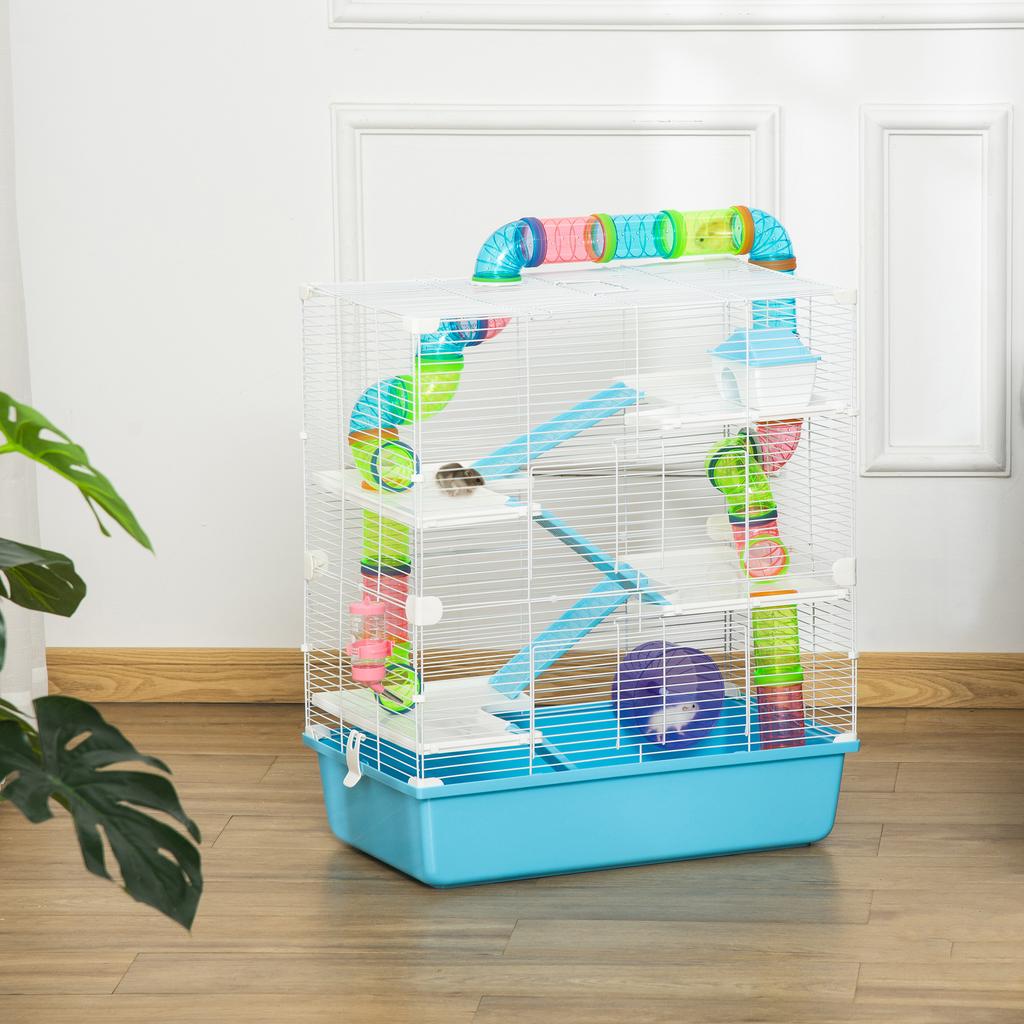 Hamster Cage w/ Water Bottle, Exercise Wheel, Tubes, Ramps - Light Blue