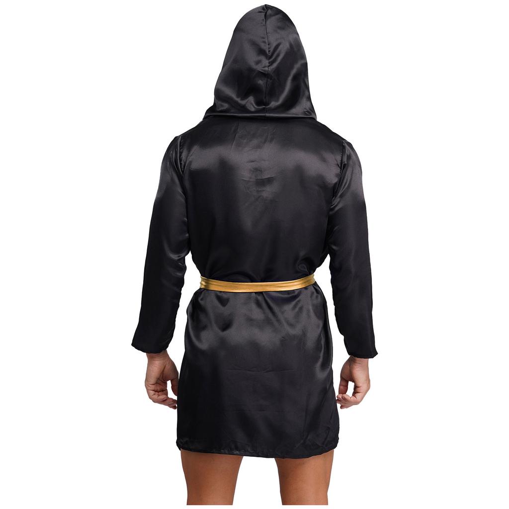 Mens Satin Hooded Cloak Shiny Trim Open Front Belt Boxing Robe