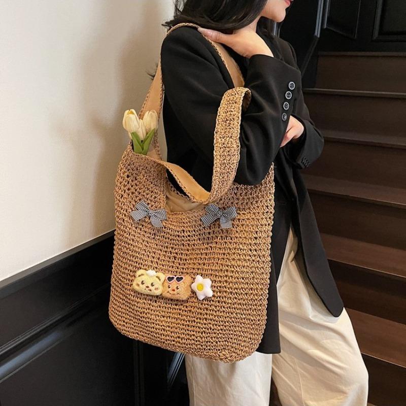 Spring Popular Large-capacity Hollow Design Woven Bag Women's New Bow Shoulder Straw Woven Tote Bag
