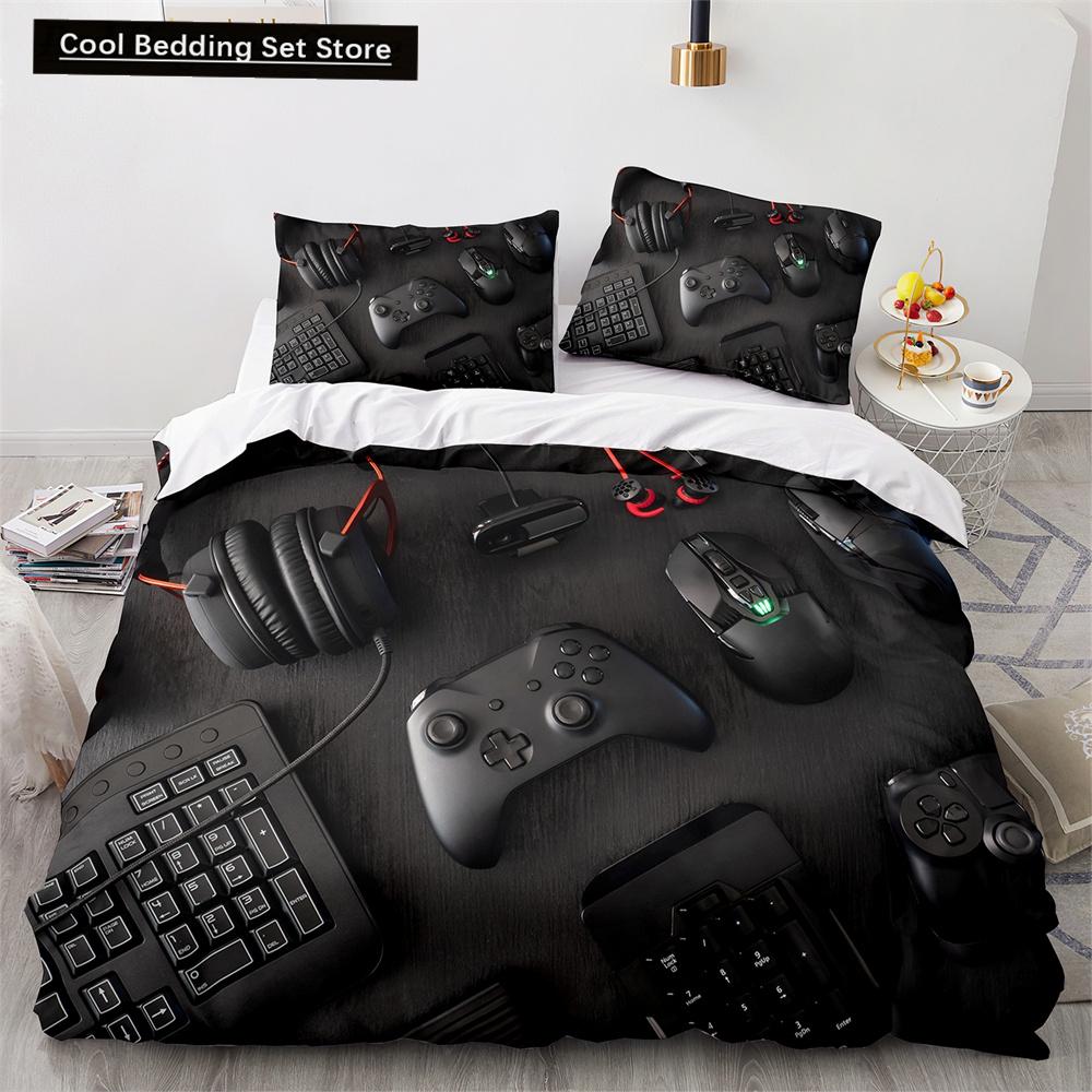 Game King Queen Duvet Cover 3D Black Game Handle Bedding Set for Kids Teens Boys Man Gamer Bedroom Decor Quilt Cover Pillowcase