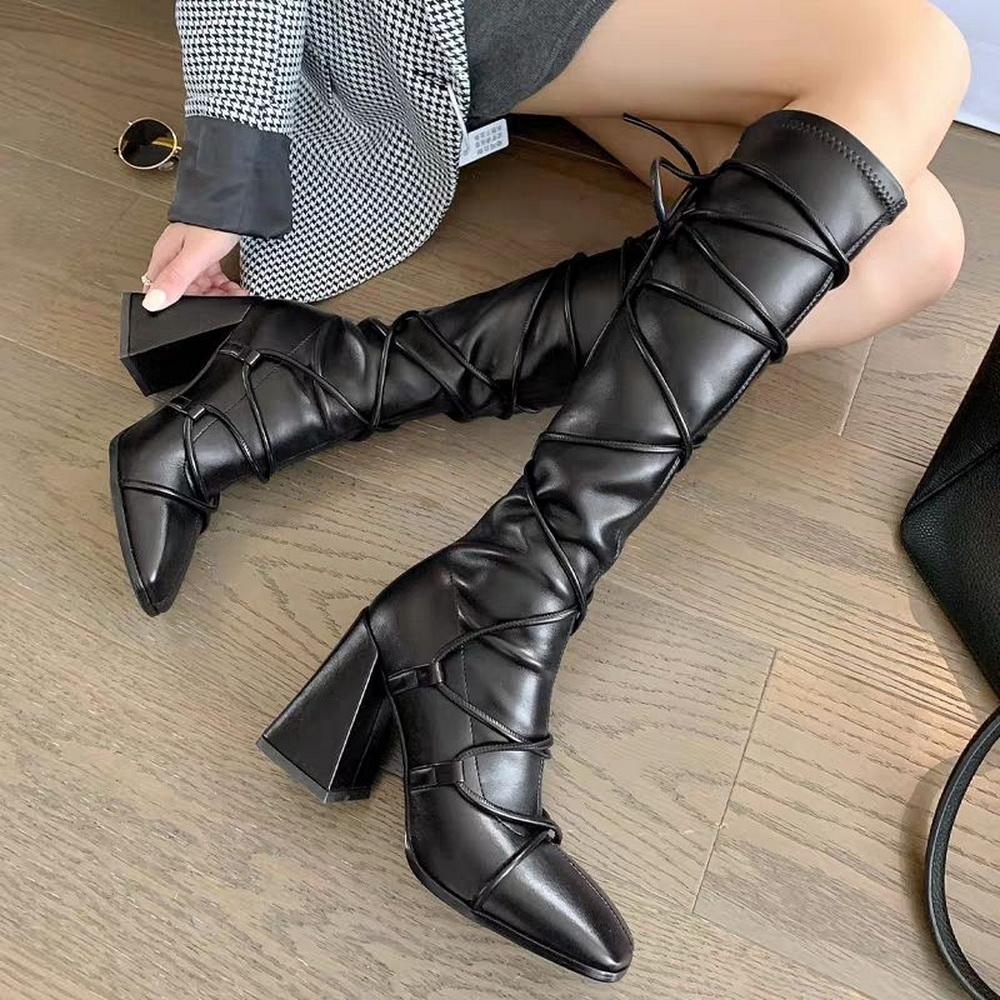 

Мода 2025 Новые женские ботфорты на блочном каблуке, Длинные боты с перекрестными ремешками спереди, Зимняя обувь, Квадратный носок, Размер 35-40, Черный Коричневый, Дропшиппинг 35 чёрный