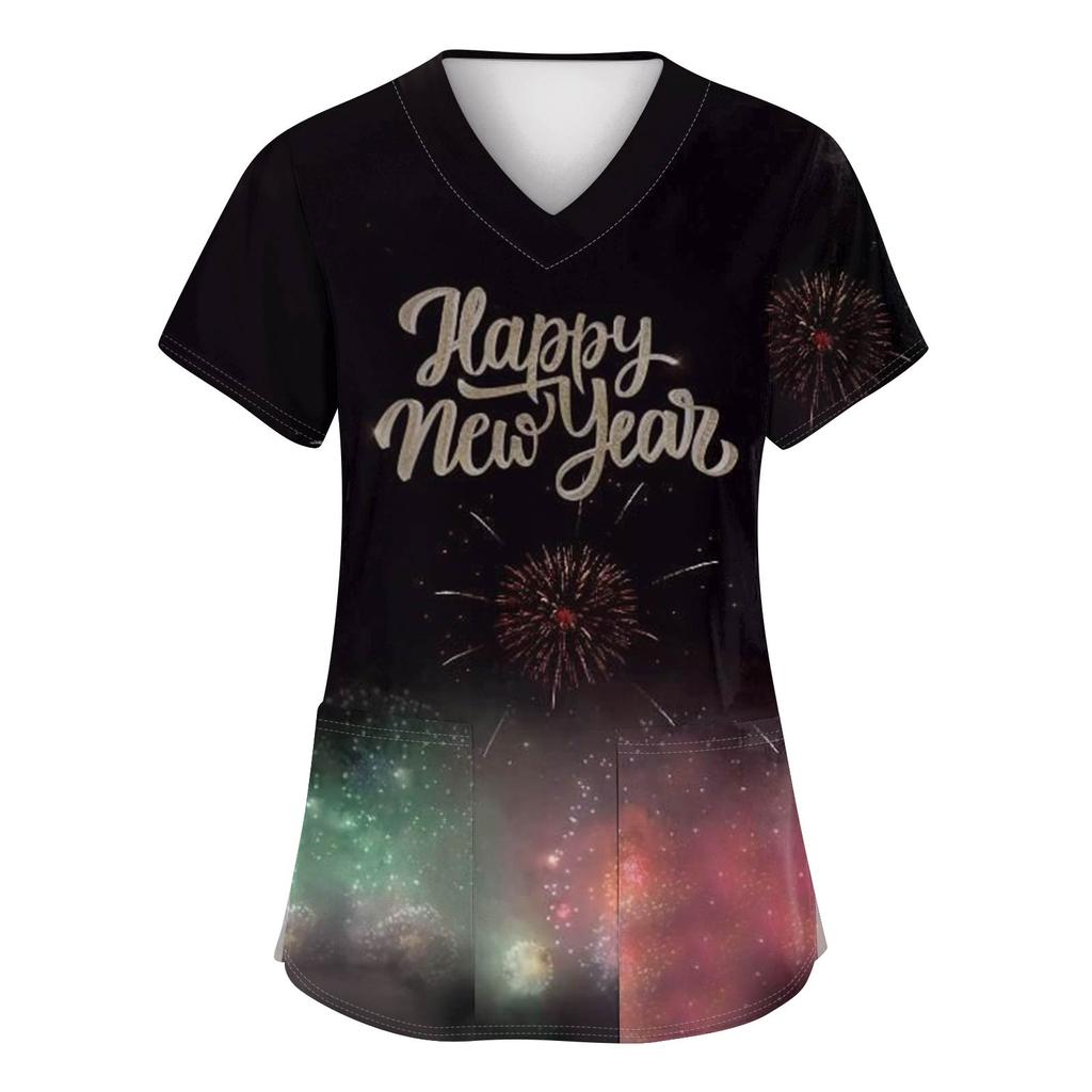 Women's Fashion Printed Short Sleeve V Neck Pattern Tops Pocket Working T-shirts