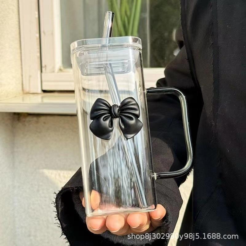 350ML Square Mug with Lids and Straws with Bow Water Cup Transparent Cup Milk Coffee Cups Glass Mug High Temperature Drinkware