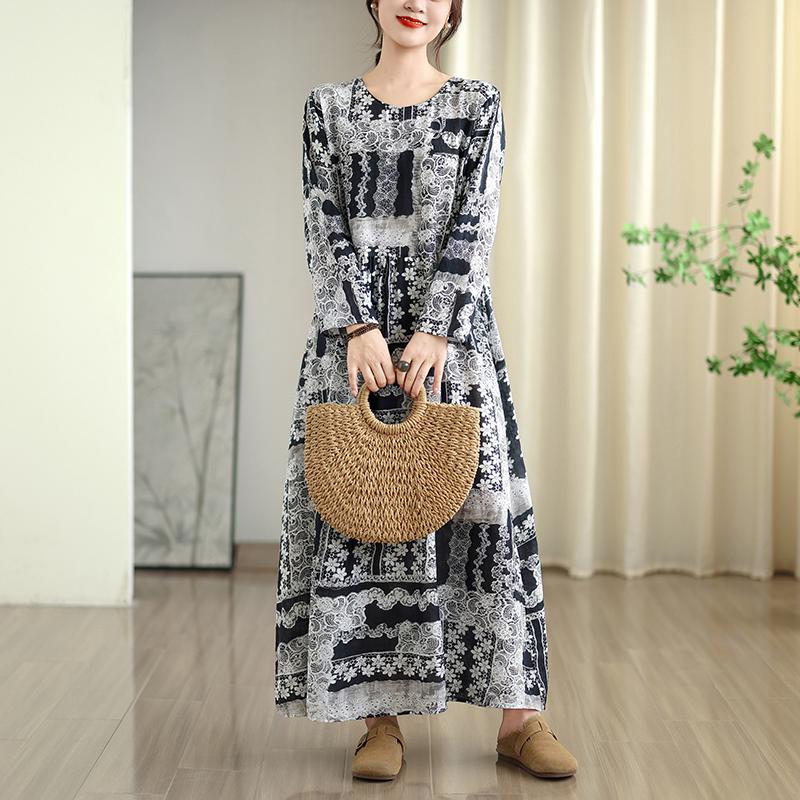 DIMANAF New 2025 Women Plus Size Spring Long Dress Loose Basic Vintage Oversize Long Sleeve Maxi Floral