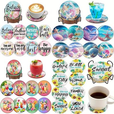 8 Pieces/set of Underwater World Animal Diamond Painted Coaster Set with Bracket DIY Coaster for Beginners and Adults, Gift of Art and Crafts Supplies