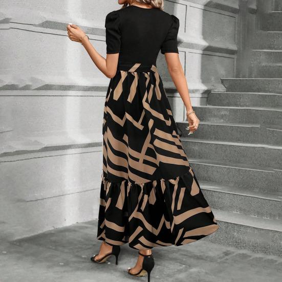 Sommerkleid Rundhalsausschnitt Kurzarm Hohe Taille Langes Kleid Spleißung Blattdruck Fließender Saum Maxikleid Alltagskleidung