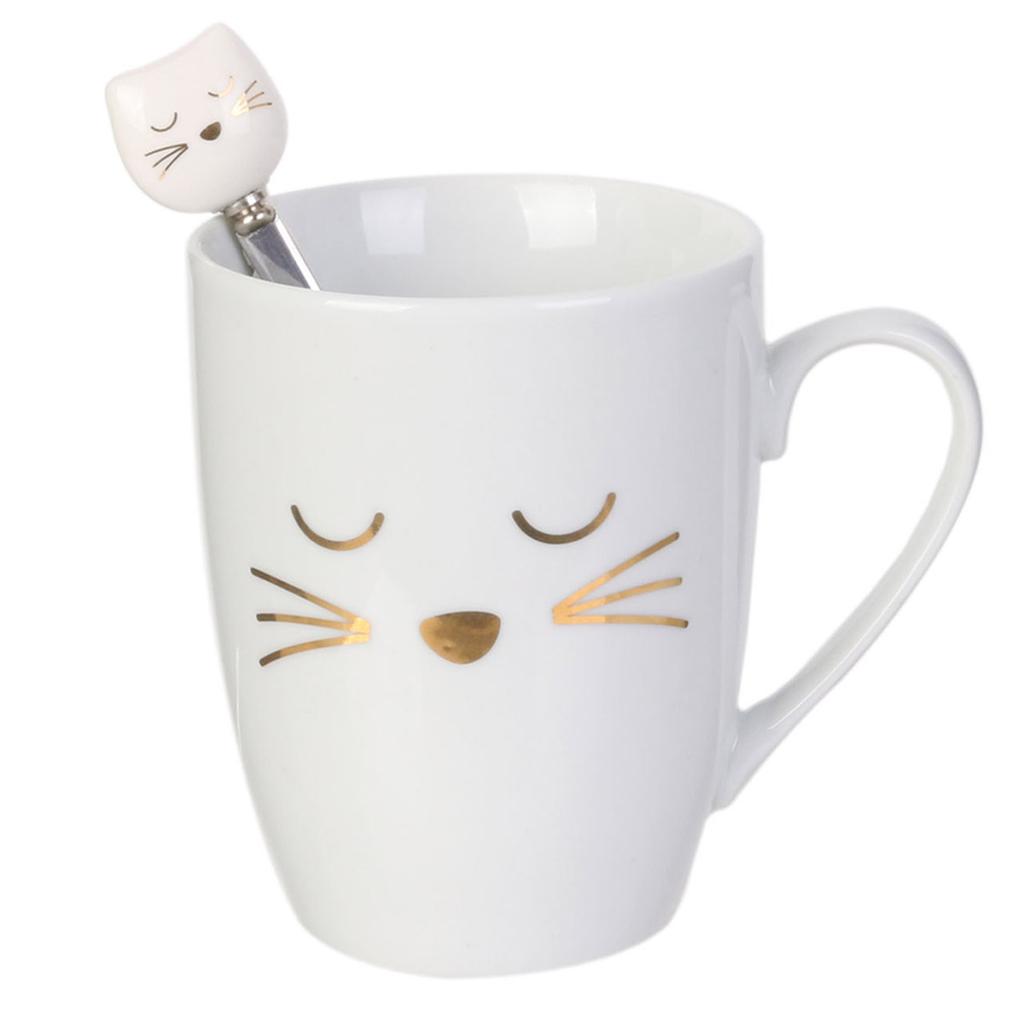 Les Trésors De Lily [R2423] - Mug porcelaine 'Chats' blanc (avec cuillère) - 30 cl