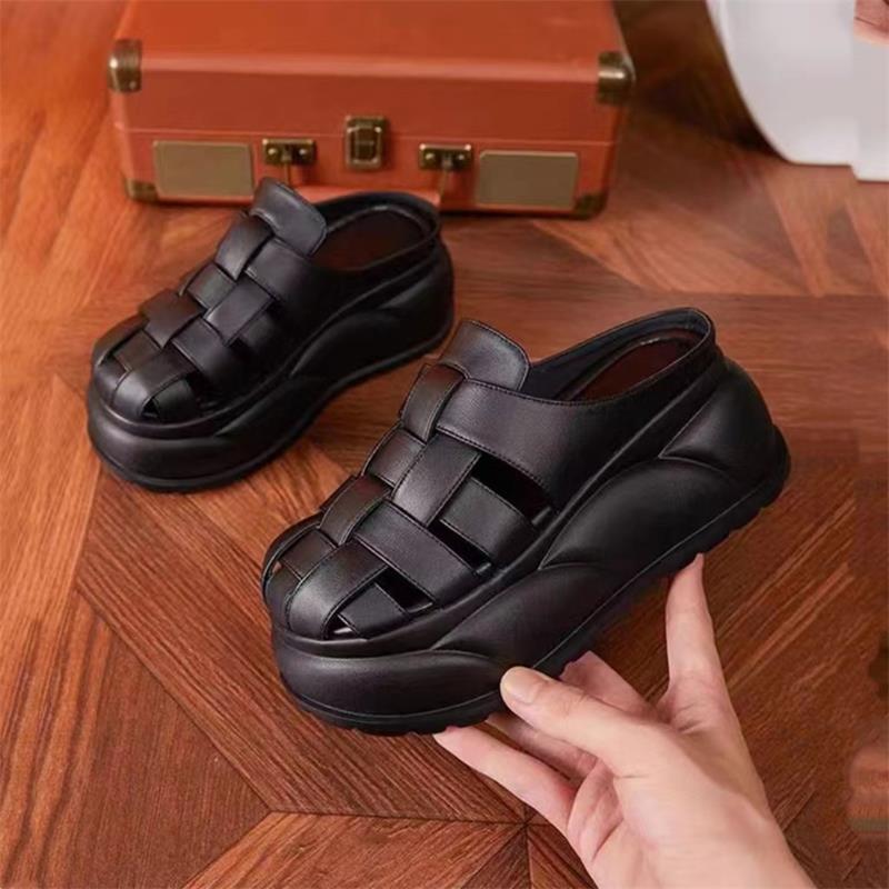 Baotou Half Slippers Women's Summer Outer Wear 2025 New Fashionable Versatile Retro Woven Hollow Breathable Thick-bottomed Cool Slippers